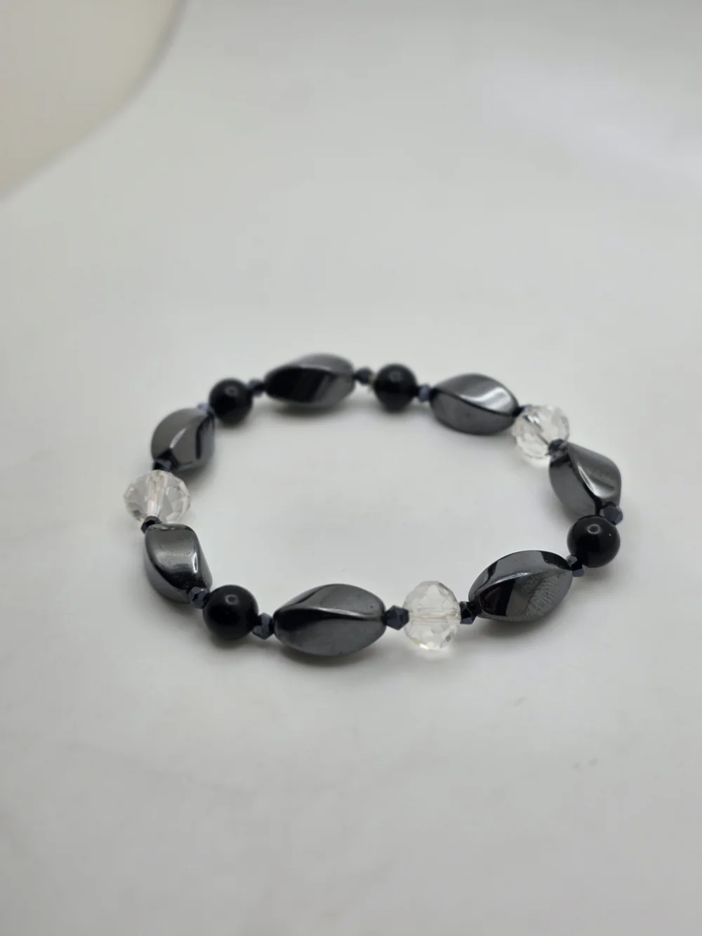 Black Hematite and Clear Crystal Beaded Stretch Bracelet